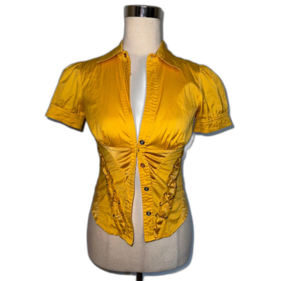 Marciano Women's Yellow Button Up Short Sleeved Corset Blouse Ribbon Tieback XS - Picture 1 of 6